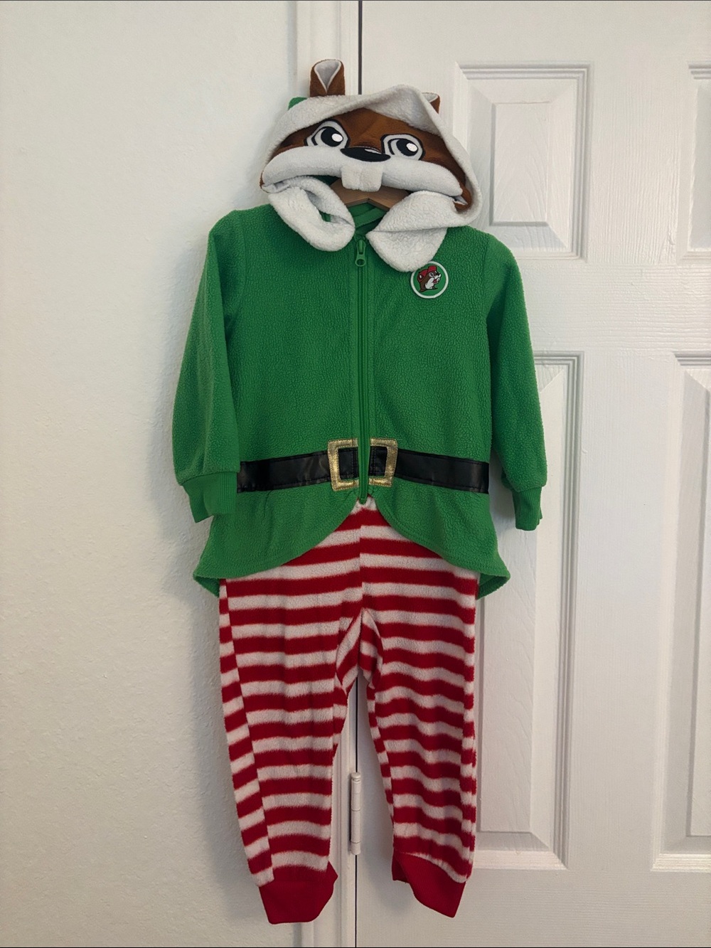Kids Green Elf Hooded Costume with Striped Red Pants